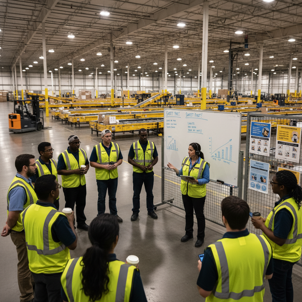 Amazon Area Manager leading a pre-shift huddle on the warehouse floor