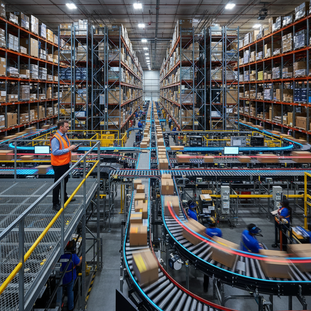 Cinematic view inside a massive Amazon fulfillment center with an Area Manager overlooking the operation