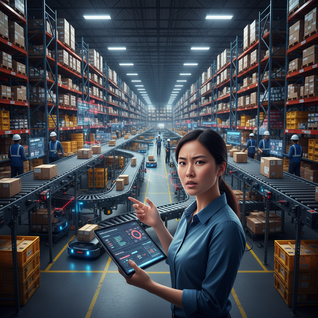 Amazon Area Manager overseeing a busy fulfillment center floor with dashboards and metrics on a tablet