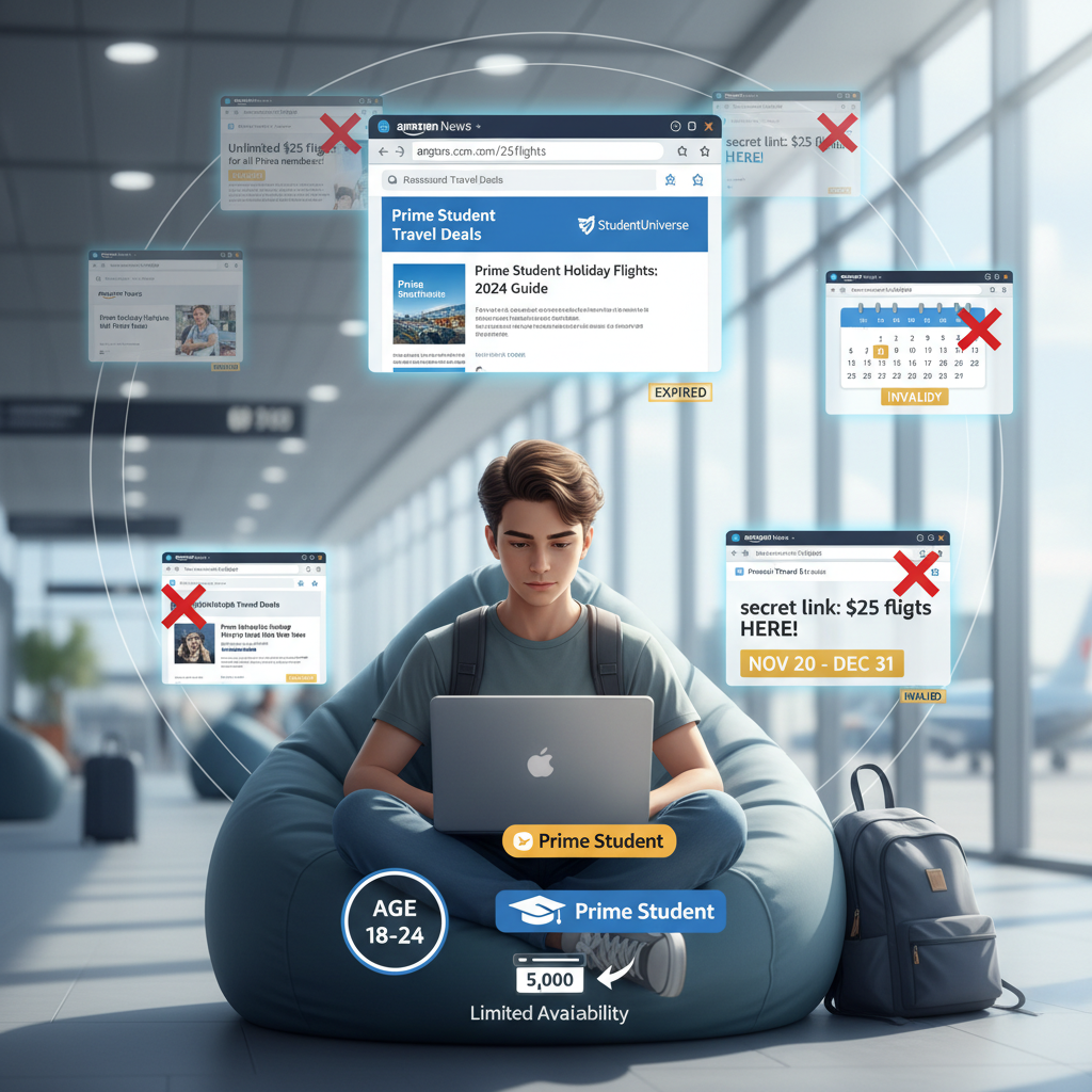 Young adult traveler at a laptop surrounded by real and fake Amazon $25 flight offers highlighting limited-time and eligibility details