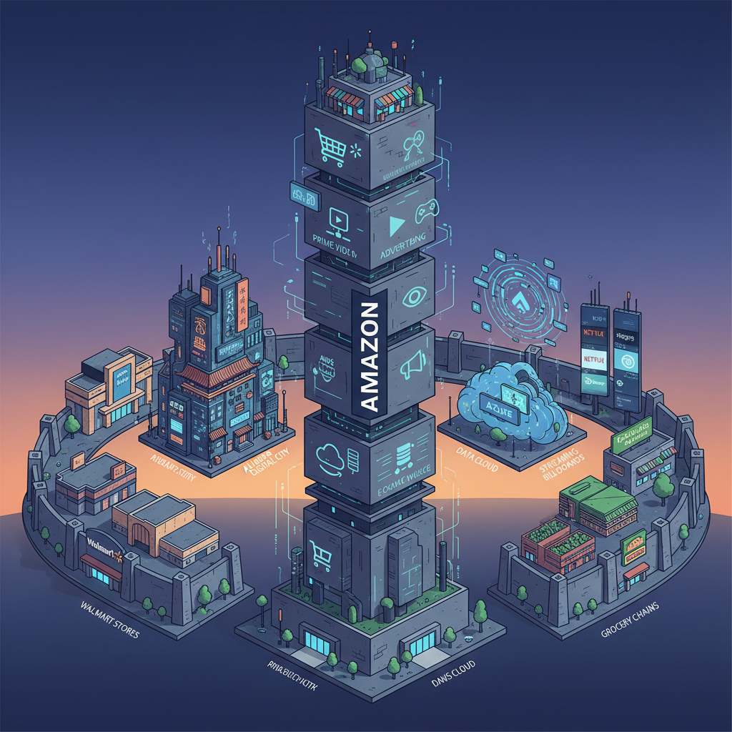 Illustration of Amazon as a multi-layered empire surrounded by rival kingdoms across retail, cloud, streaming, and grocery in 2025