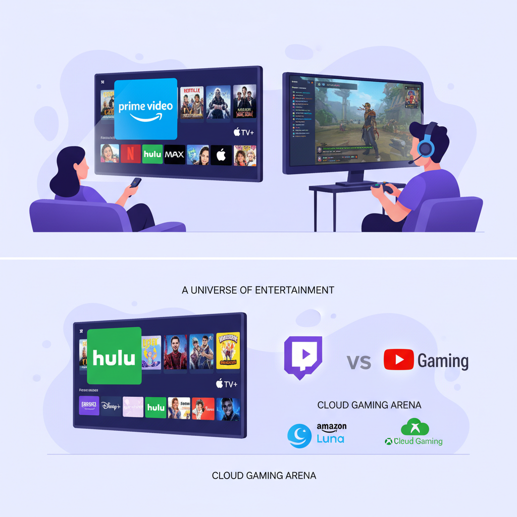 Home entertainment scene showing Prime Video alongside Netflix, Disney+, Hulu and gaming streams from Twitch and YouTube Gaming