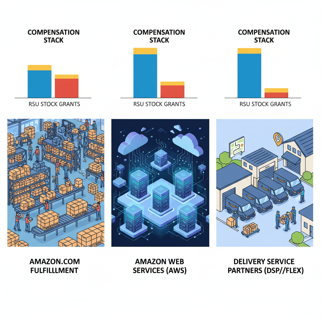 Warehouse career ladder infographic showing Amazon operations career levels L4 to L7 with compensation ranges