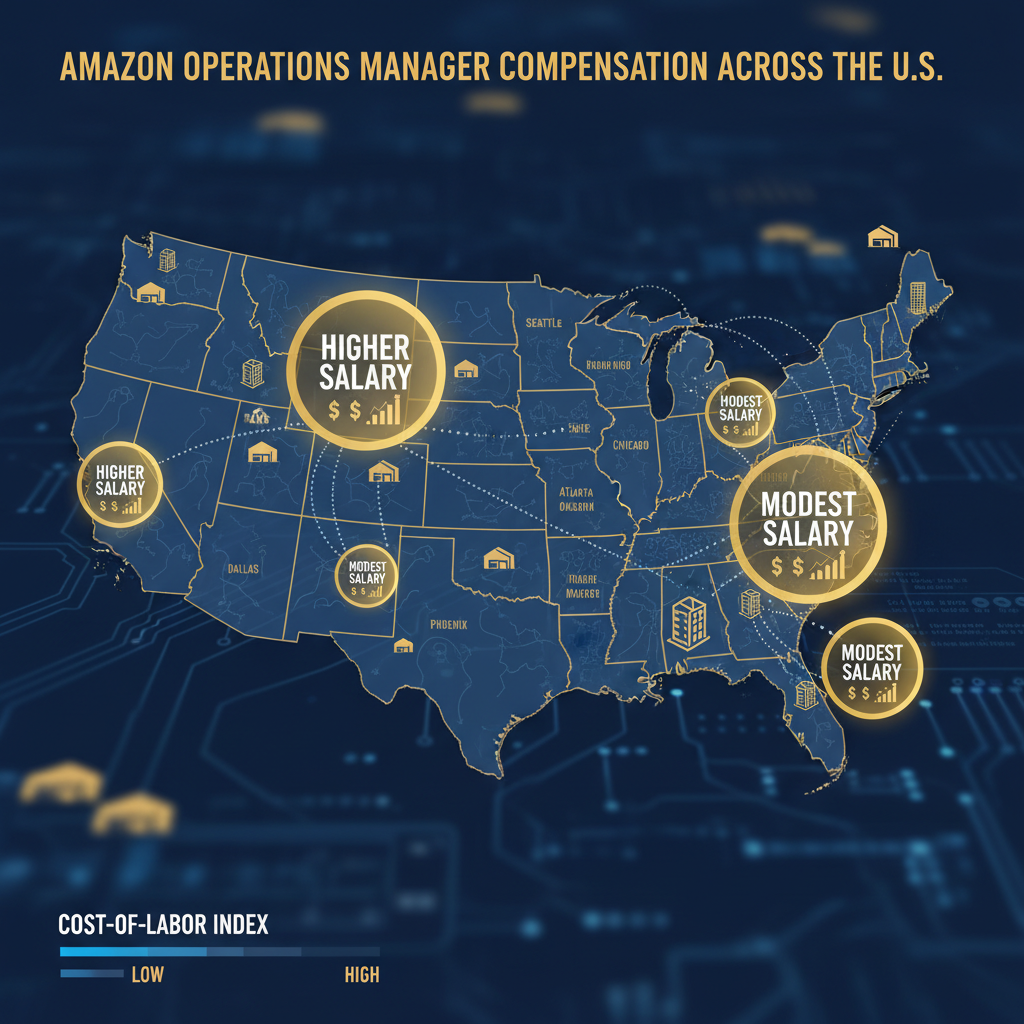 Three-way comparison graphic of Amazon.com, AWS, and DSP ops environments with stacked compensation elements