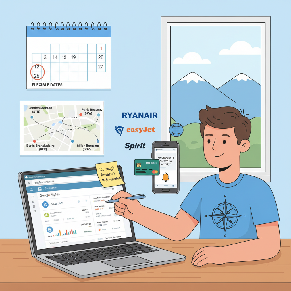 Traveler at a desk planning flights the right way using Google Flights, Skyscanner, StudentUniverse, and price alerts instead of fake Amazon links