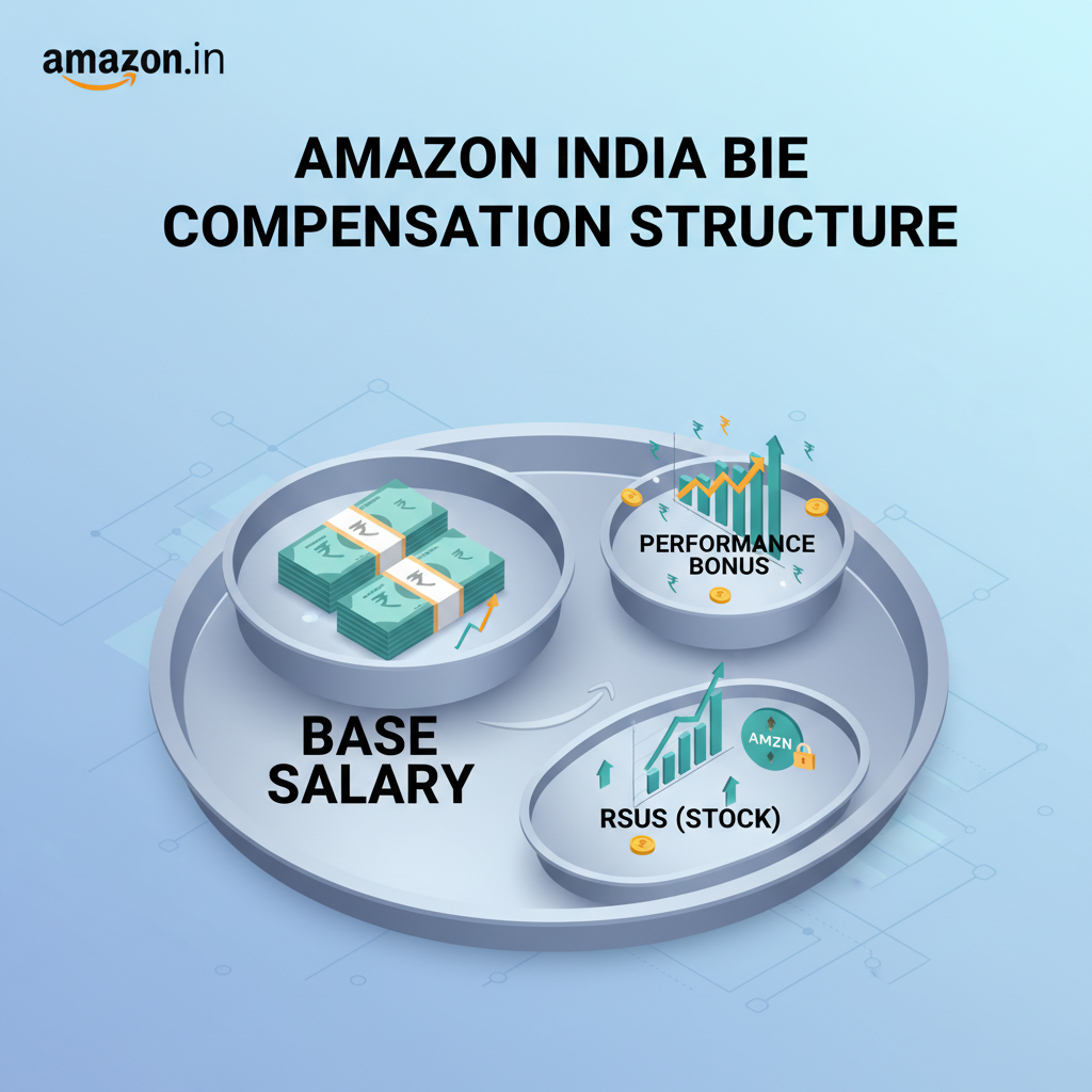 Conceptual infographic of Amazon India BIE compensation structure as a three-part thali with base, bonus, and RSUs