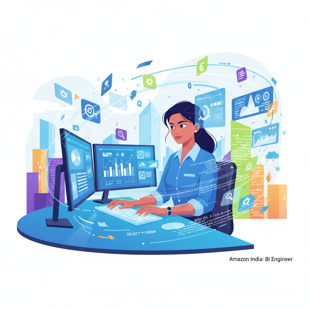 Dynamic illustration of a Business Intelligence Engineer at Amazon India surrounded by SQL, charts, and dashboards