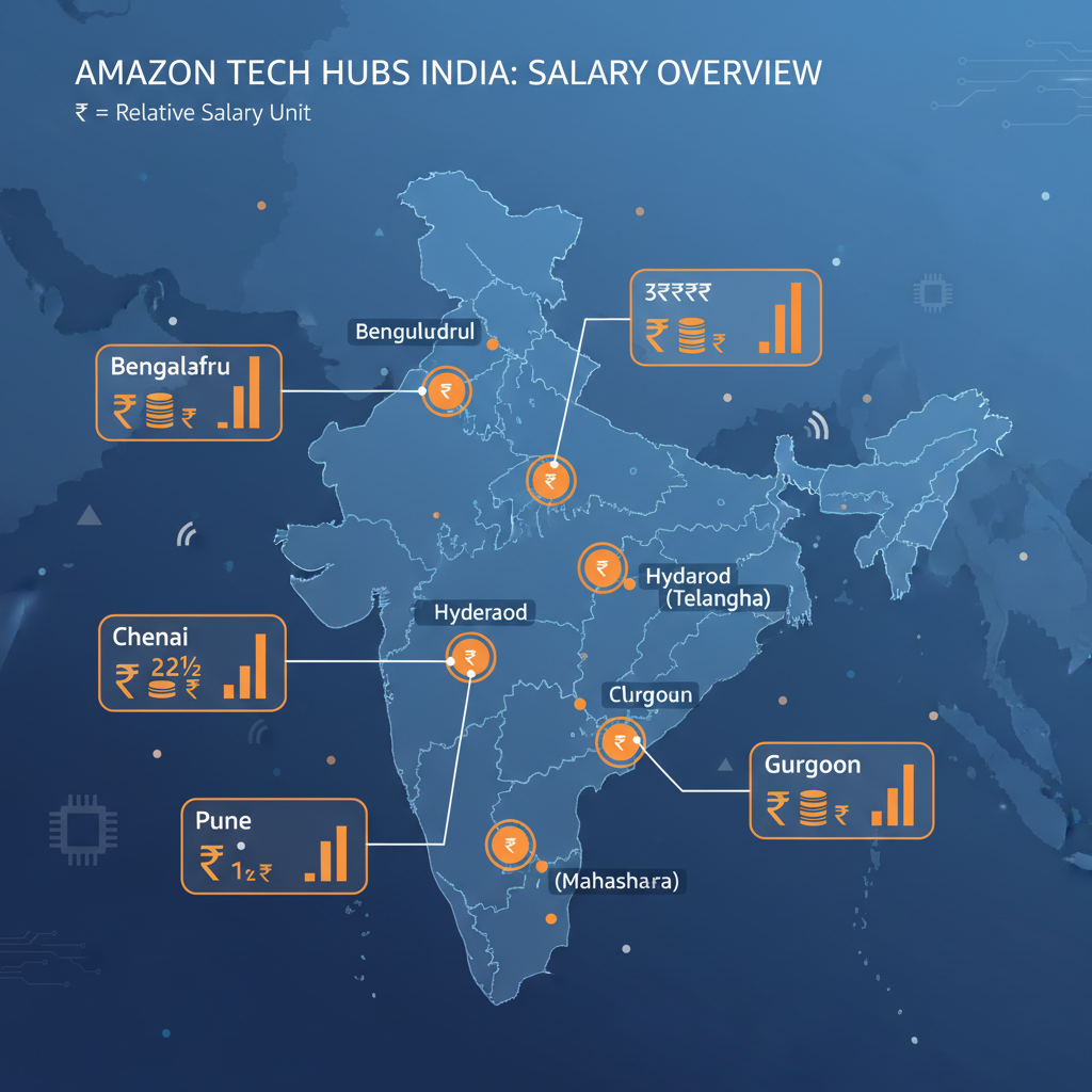 Stylized map of India showing major Amazon tech hubs and city-wise BIE salary differences