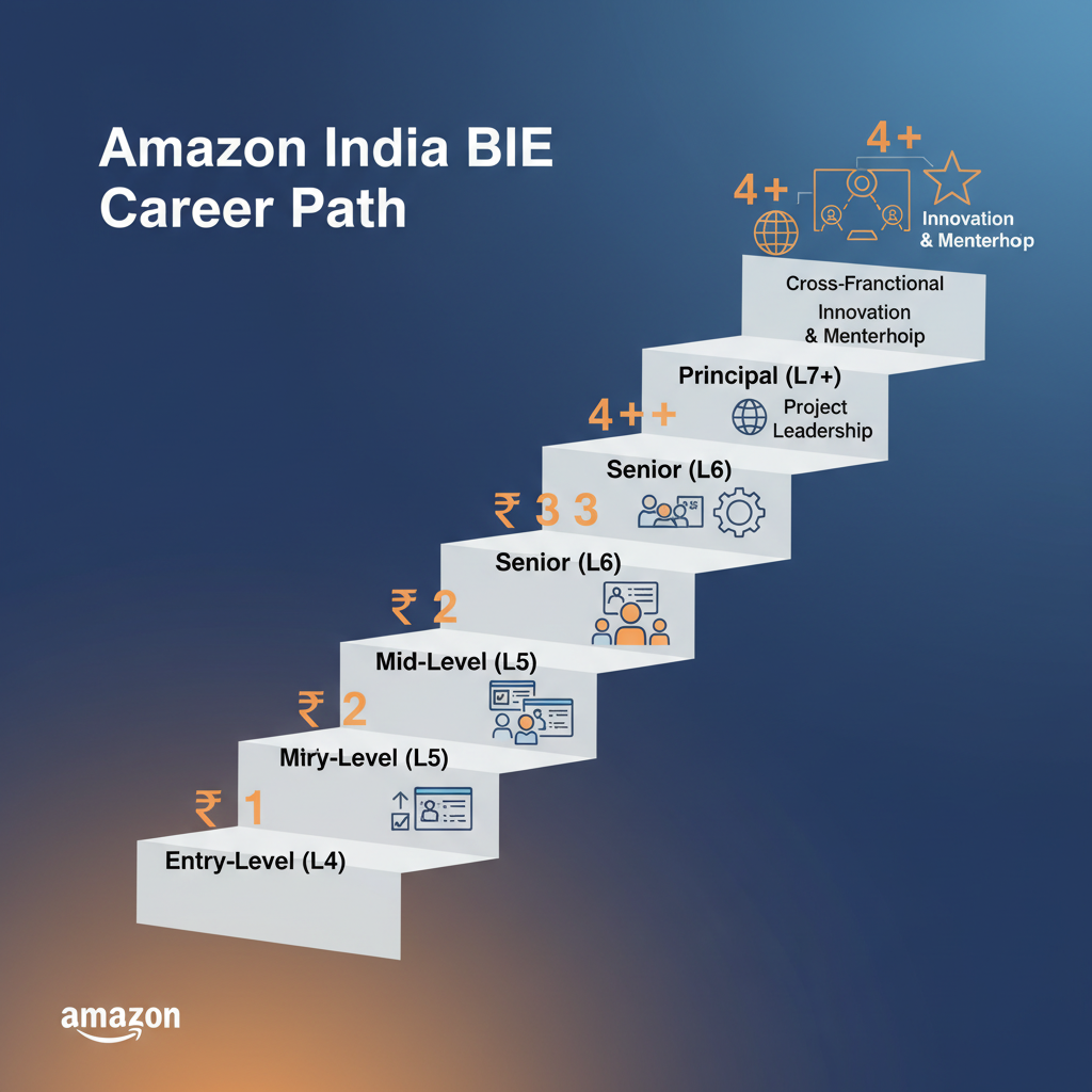 Career ladder illustration of Amazon India BIE levels from L4 to L7+ with increasing rupee signs and responsibility