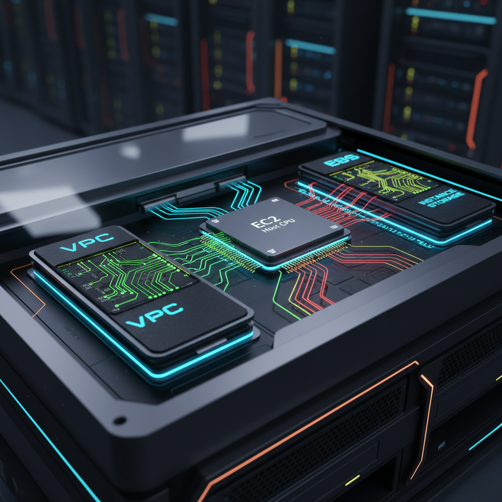 Visualization of Nitro Cards as specialized hardware modules offloading networking and storage from EC2 hosts
