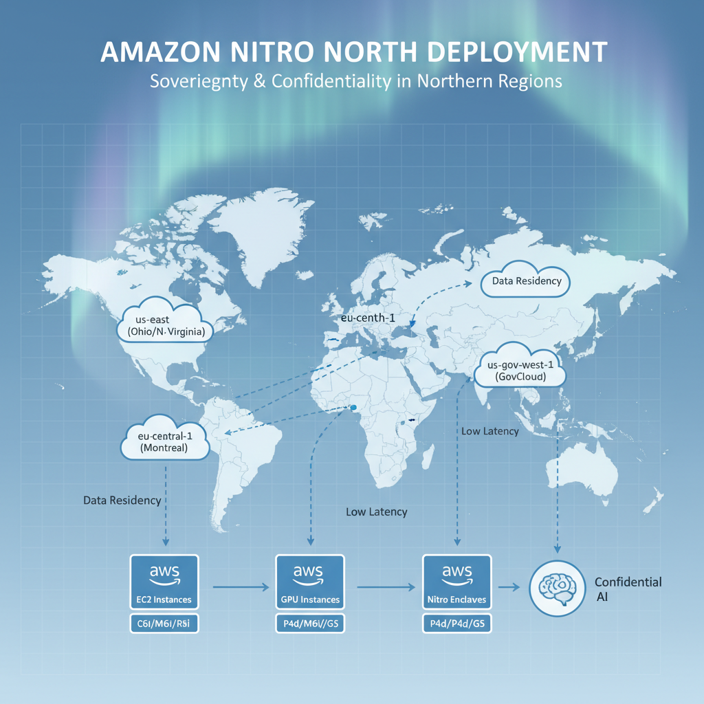 Architectural map-style illustration of Amazon Nitro North deployments across U.S., Canada, and Northern Europe regions with Nitro-based compute and enclaves