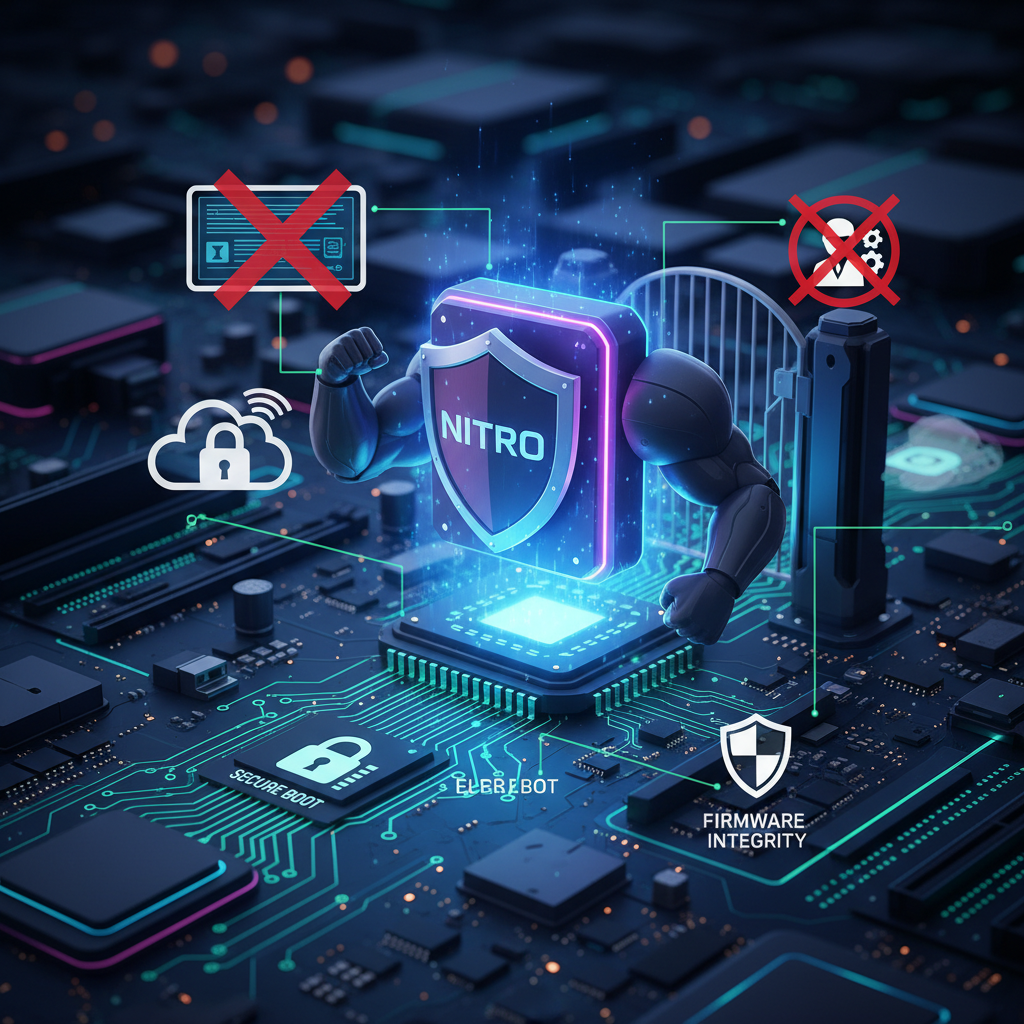 Cybersecurity-focused illustration of the Nitro Security Chip acting as a hardware bouncer and root of trust for secure cloud workloads