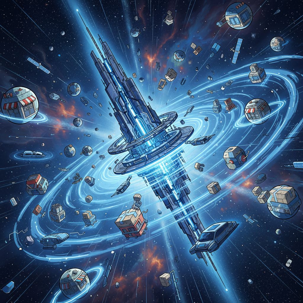 Futuristic Amazon-like space station pulling in retail planets and satellites with a blue-tinged cosmic blueshift effect