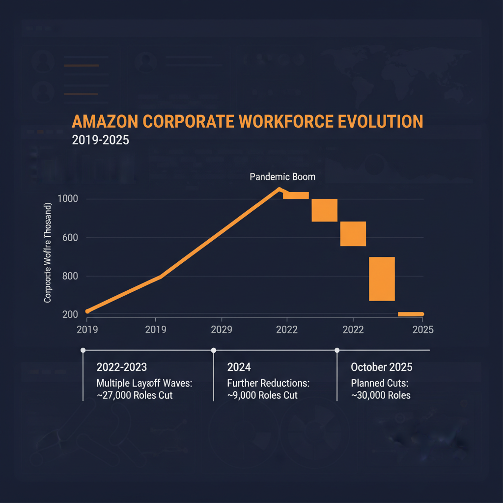 Infographic illustrating Amazon workforce growth and layoffs from 2019 to 2025