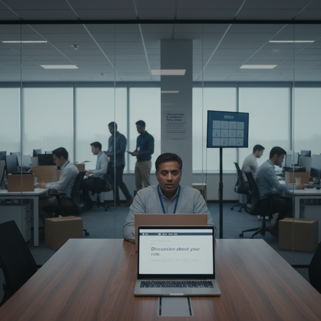 Emotional office scene of employees dealing with layoffs and tense role discussions