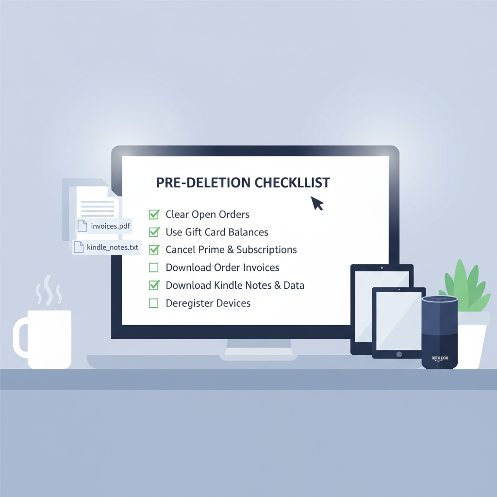 Pre-deletion checklist for closing an Amazon account including orders, balances, subscriptions, and data downloads