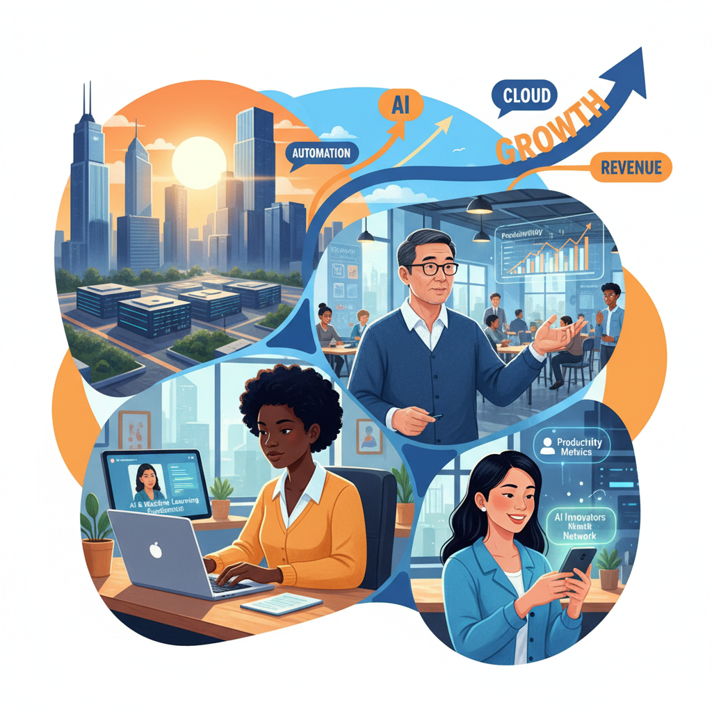 Forward-looking collage of workers upskilling and adapting to an AI-driven job market