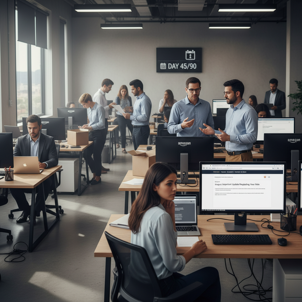 Scene of Amazon corporate employees navigating layoffs and internal transfers