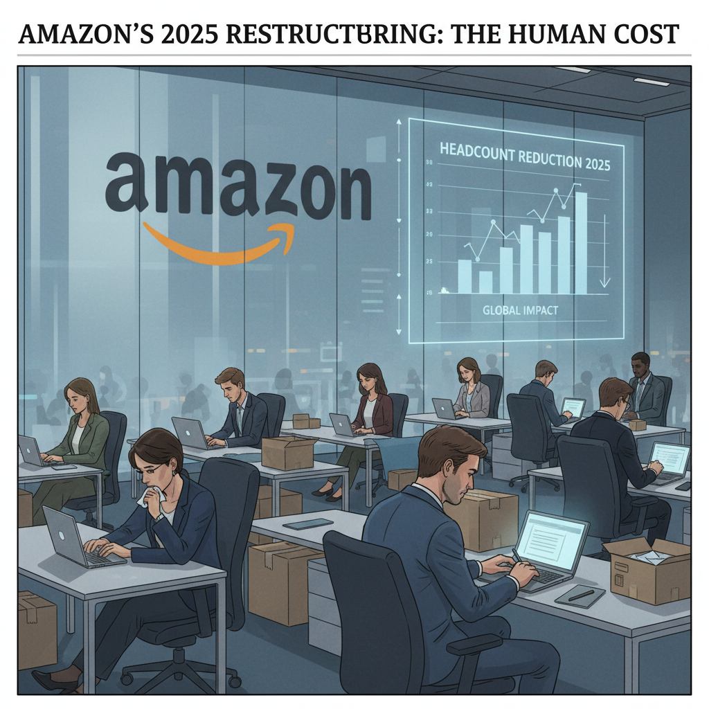 Illustration of Amazon 2025 layoffs in a modern corporate office
