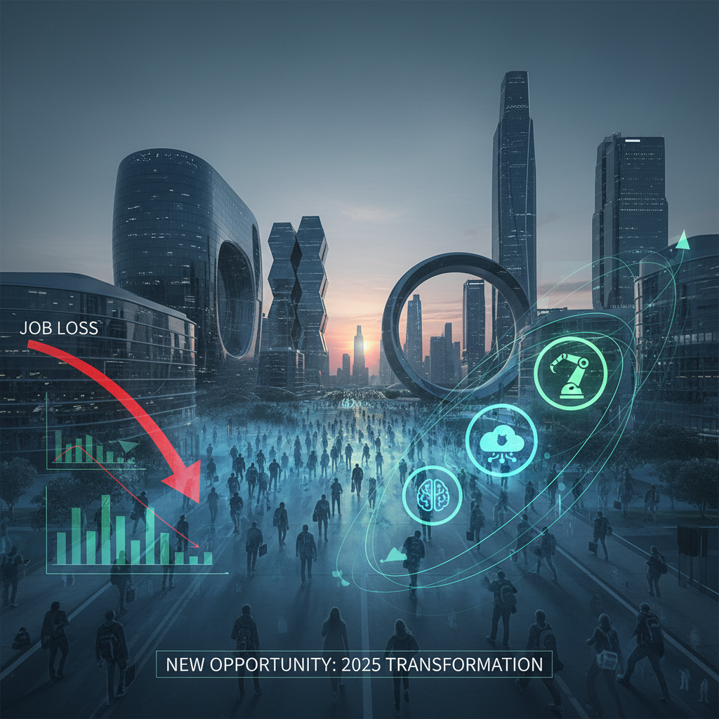 Panoramic illustration of tech industry layoffs and rising AI and cloud opportunities in 2025