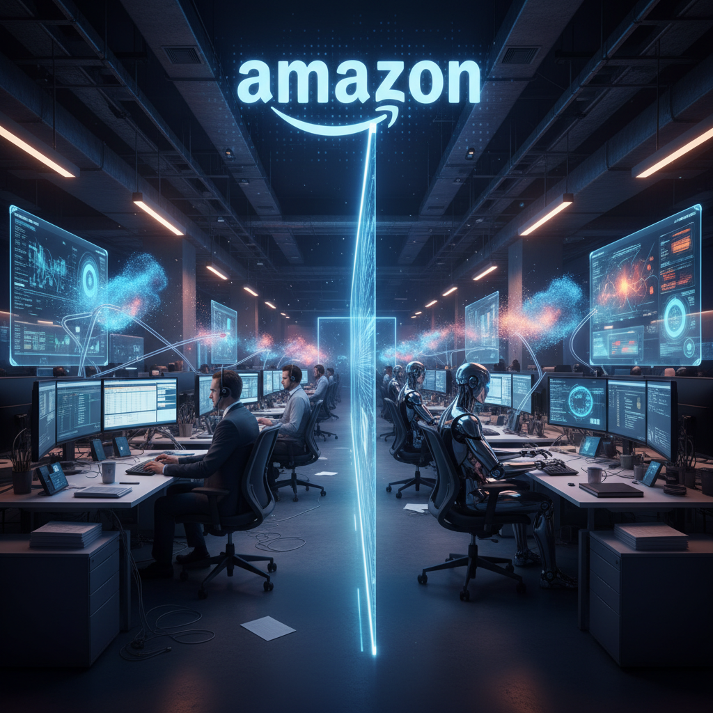 Conceptual split scene of traditional work and AI-driven automation at Amazon