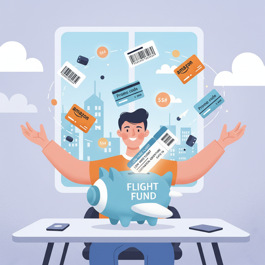 Infographic flowchart showing Amazon shopping turning into travel card points, airline miles, and a ticket costing $25 out of pocket