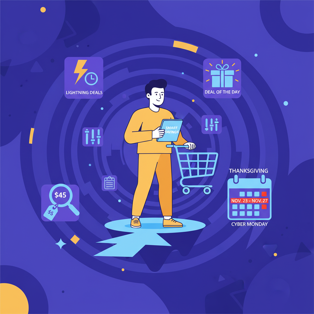 Modern illustration of a shopper confidently navigating Amazon Black Friday with icons for lightning deals, filters, and comparison tools