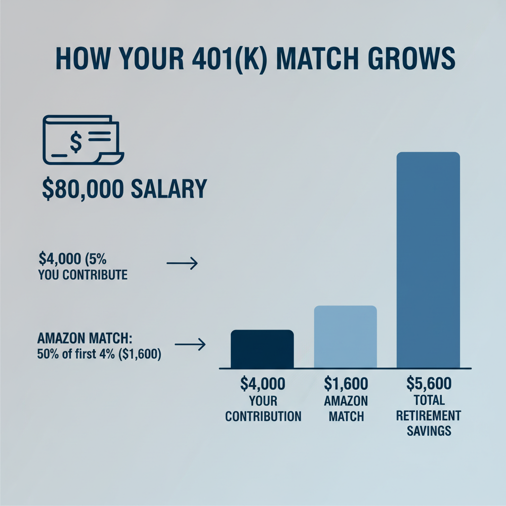 Infographic showing how an $80,000 salary and Amazon 401(k) match combine into higher total retirement contributions