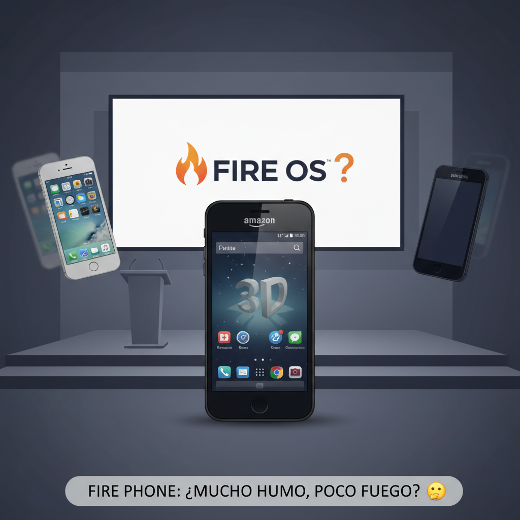 Amazon Fire Phone en un escenario tipo keynote, con iPhone y Samsung difuminados al fondo, simbolizando su intento fallido de ser un iPhone killer