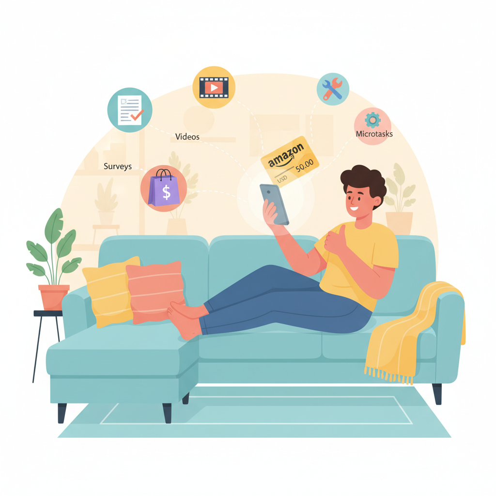 Person earning legit Amazon gift cards through surveys, shopping, and microtasks on a phone