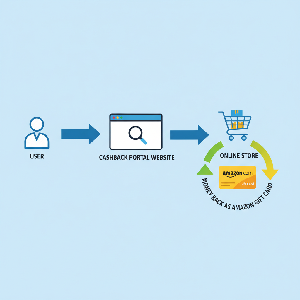 Cashback flow turning online shopping into Amazon gift cards via a rewards portal