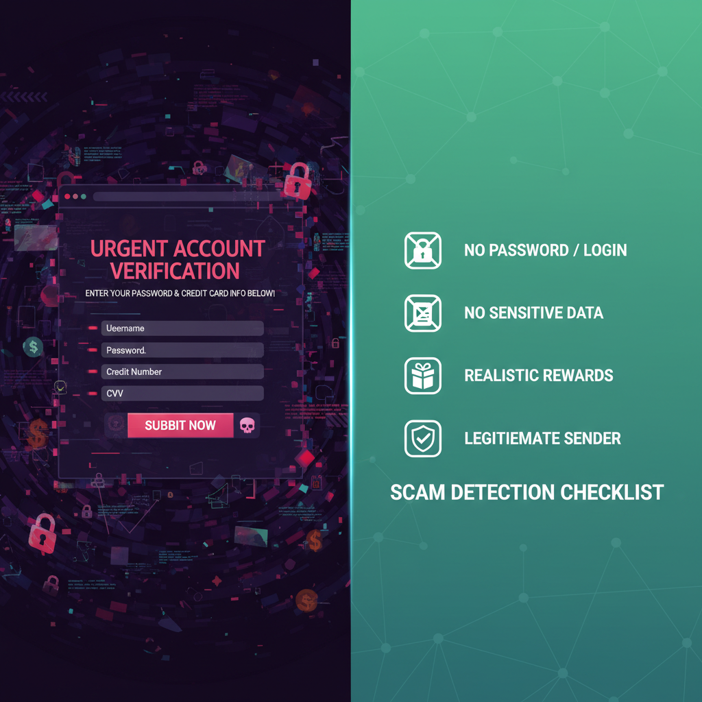 Split-screen showing a shady scam site versus a legit checklist for safe Amazon gift card offers