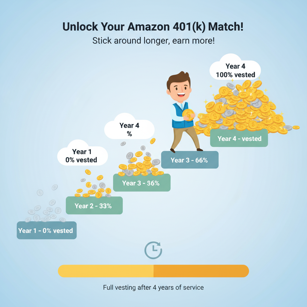 Stair-step visual showing vesting over multiple years with increasing amounts of Amazon 401(k) match becoming owned