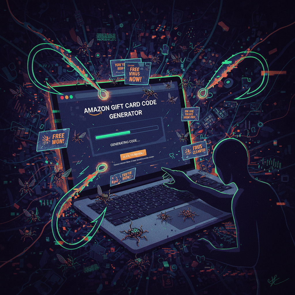 Dangerous Amazon gift card code generator page surrounded by phishing and malware symbols