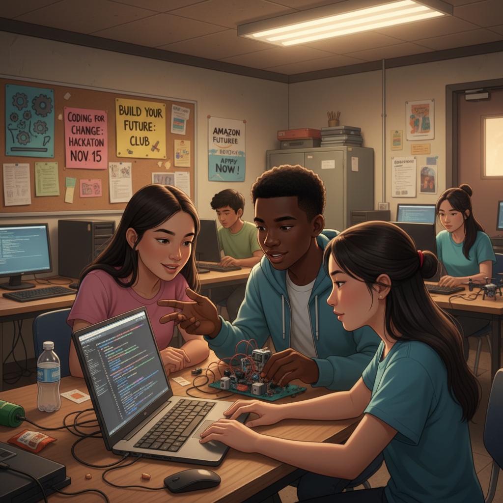 Diverse high school students collaborating on coding and robotics projects in a modest school lab, representing typical strong Amazon Future Engineer applicants.