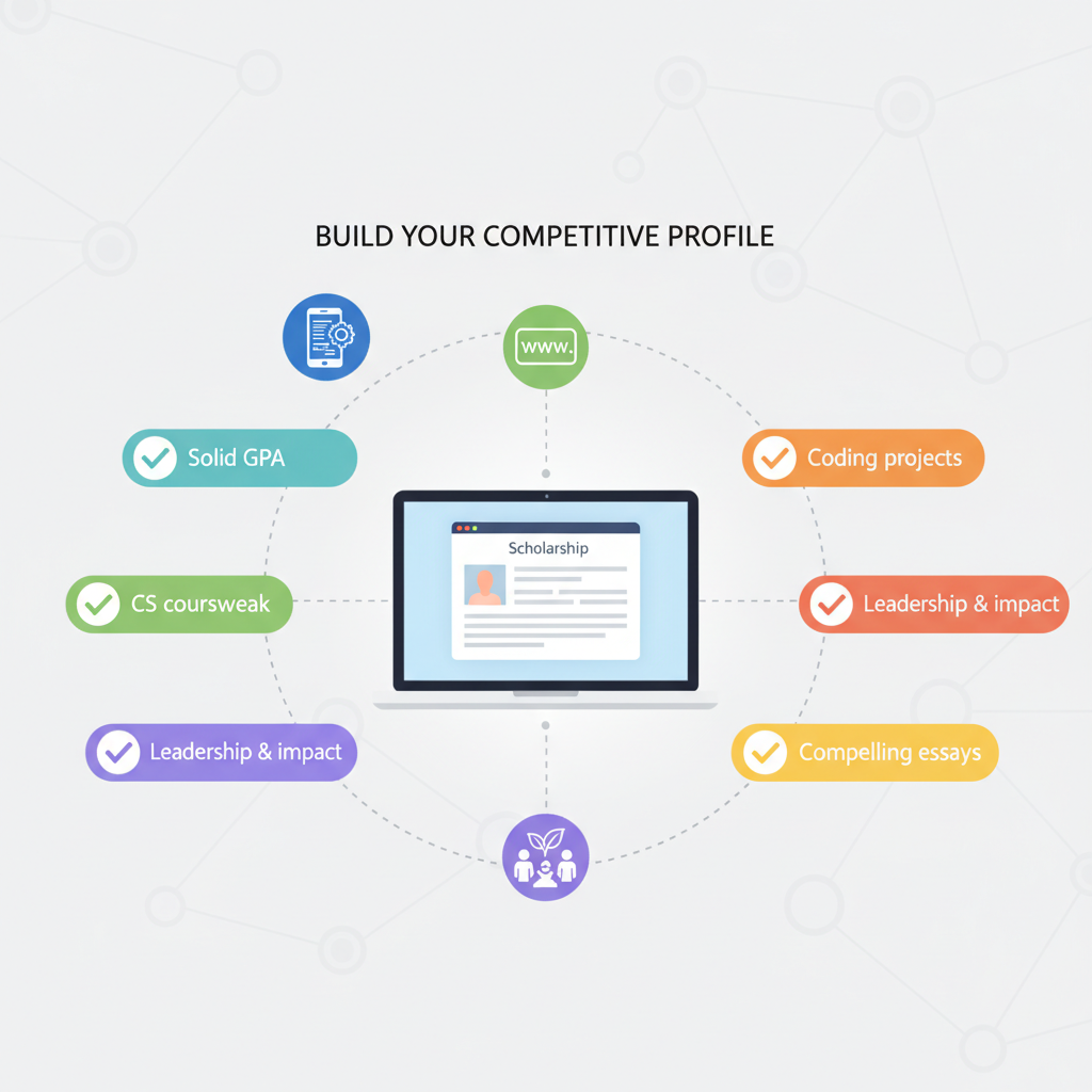 Diverse high school seniors interested in the Amazon Future Engineer Scholarship standing confidently with laptops and code on screens, symbolizing opportunity and funding.