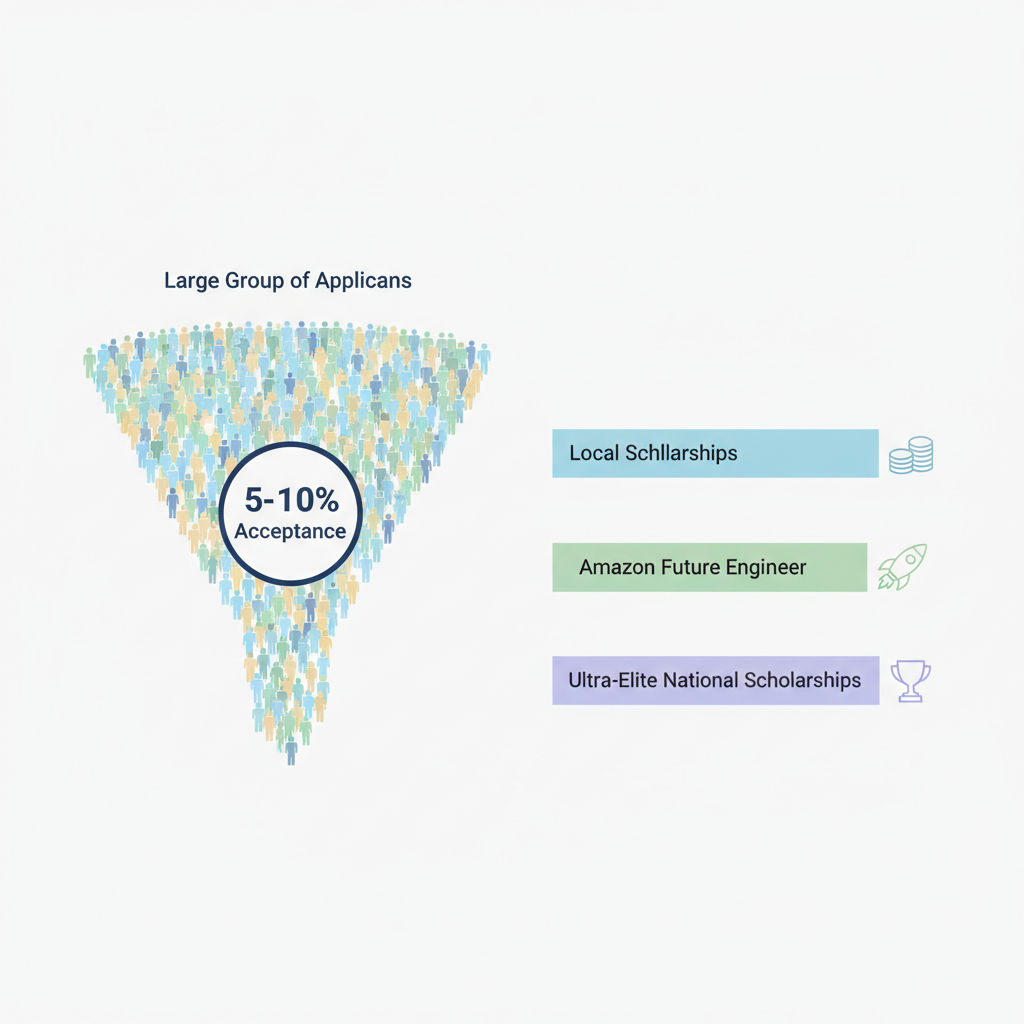 Infographic-style visualization showing scholarship competitiveness and estimated 5–10 percent acceptance rate compared to other major and local scholarships.