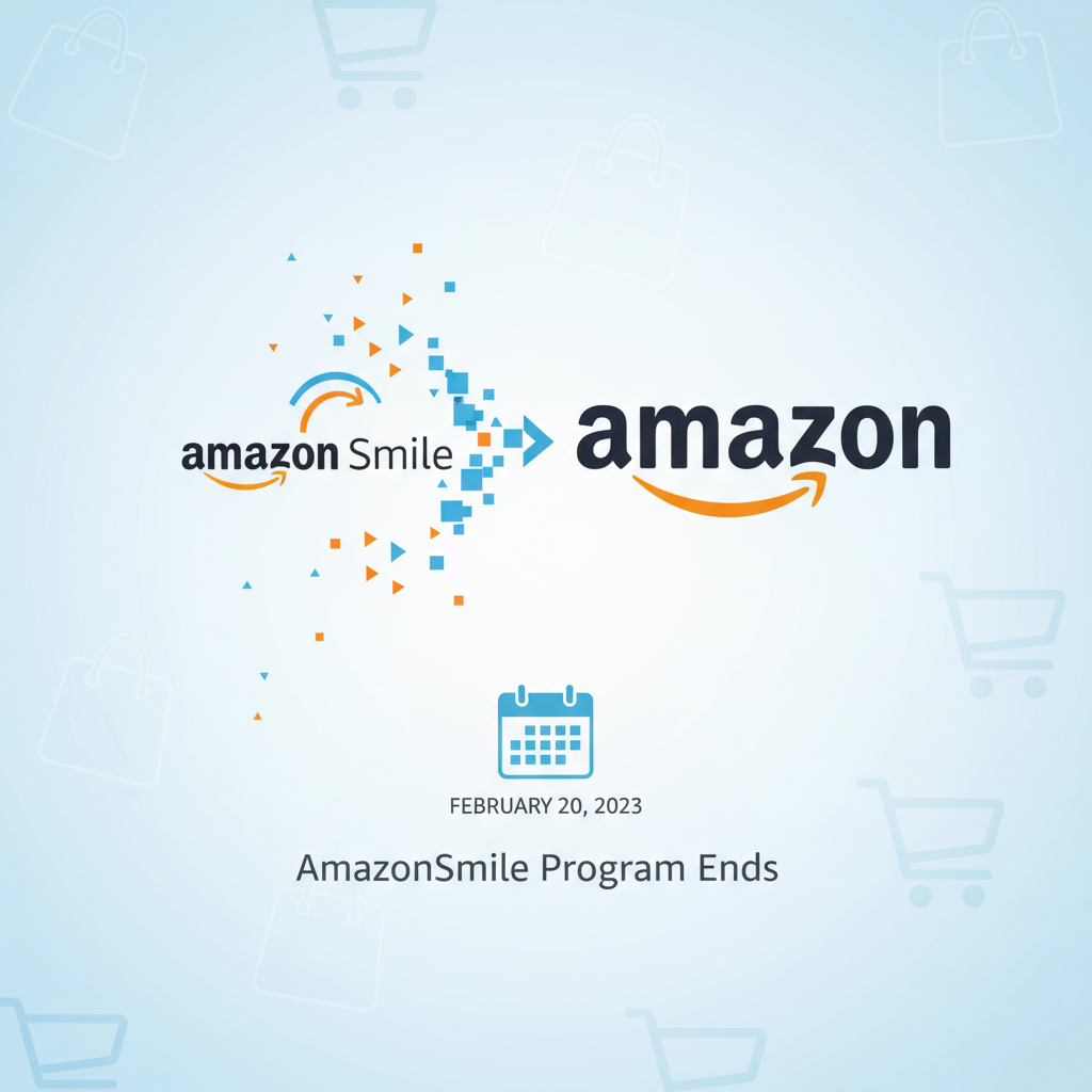 Illustration of AmazonSmile program ending and transitioning into regular Amazon shopping on February 20, 2023