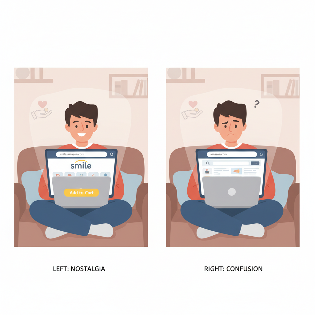 Split illustration showing past AmazonSmile login versus current Amazon homepage without Smile option