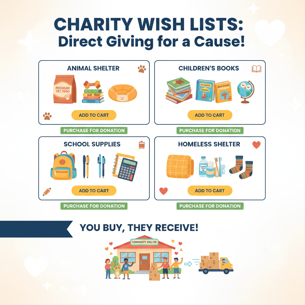 Illustration of Amazon charity wish lists and packages being delivered directly to nonprofits