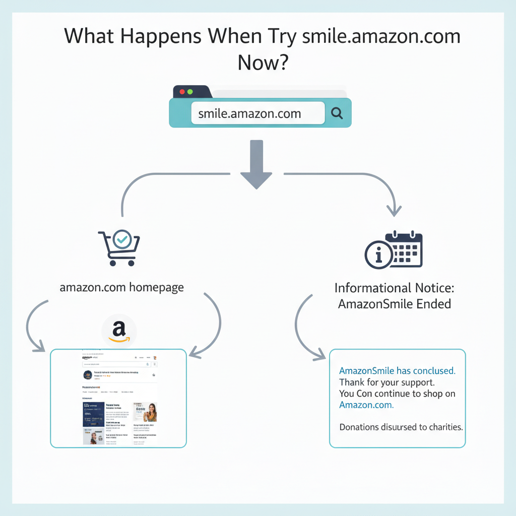 Diagram showing what happens now when users visit smile.amazon.com, including redirects and informational messages
