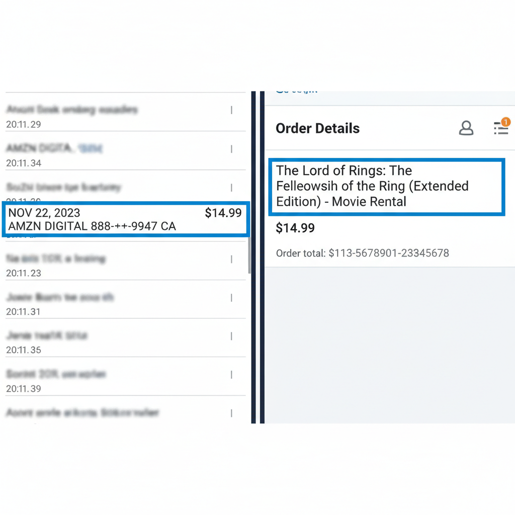 Split screen of a vague Amazon Digital Services bank statement line next to a detailed Amazon order page with a specific subscription