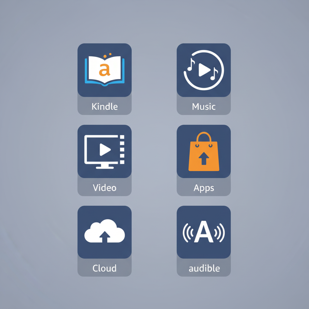 Collage of Kindle, Amazon Music, Prime Video, Audible, apps, and cloud icons representing Amazon digital products and subscriptions