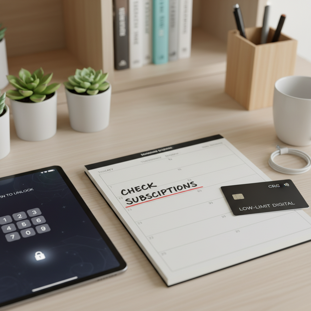 Organized desk with calendar reminder to check subscriptions, tablet with PIN lock, and a dedicated low limit card