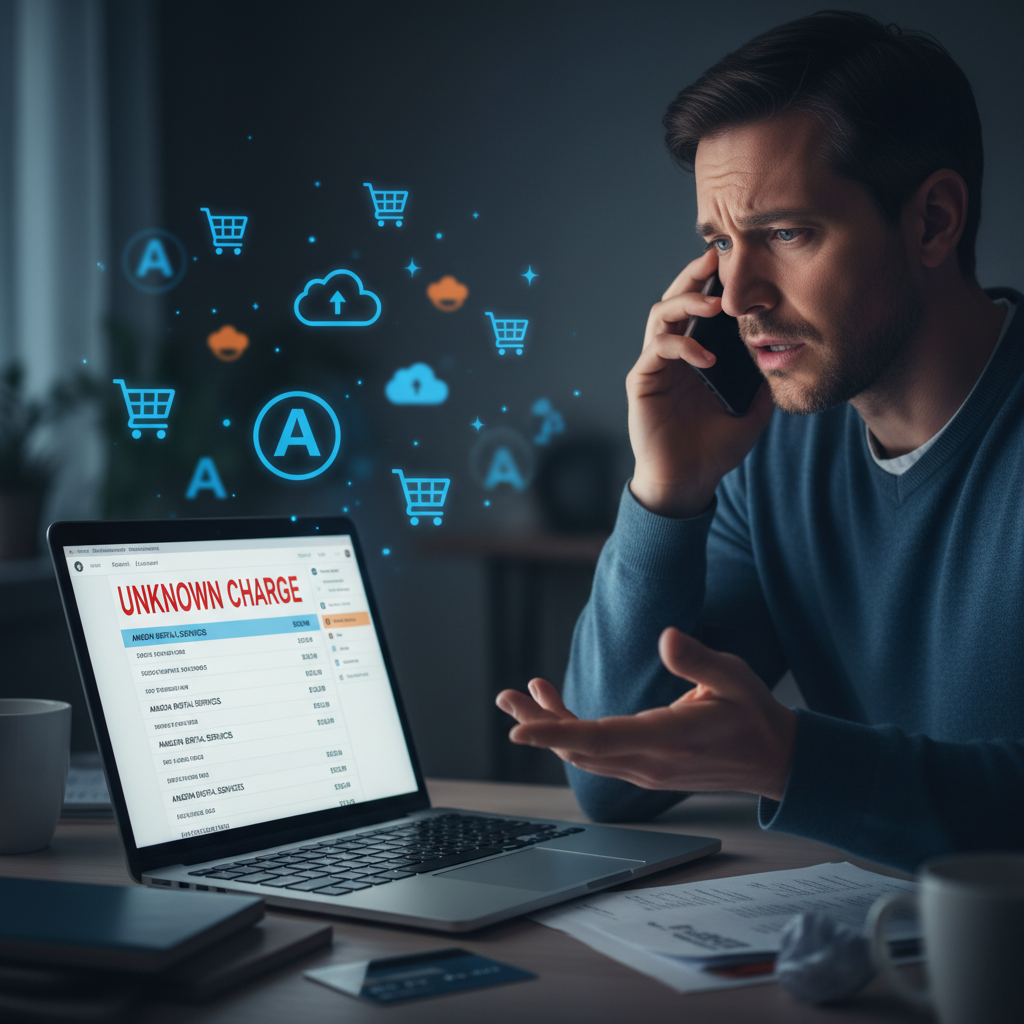 Person on the phone with their bank with laptop open showing unknown charge and subtle Amazon related icons