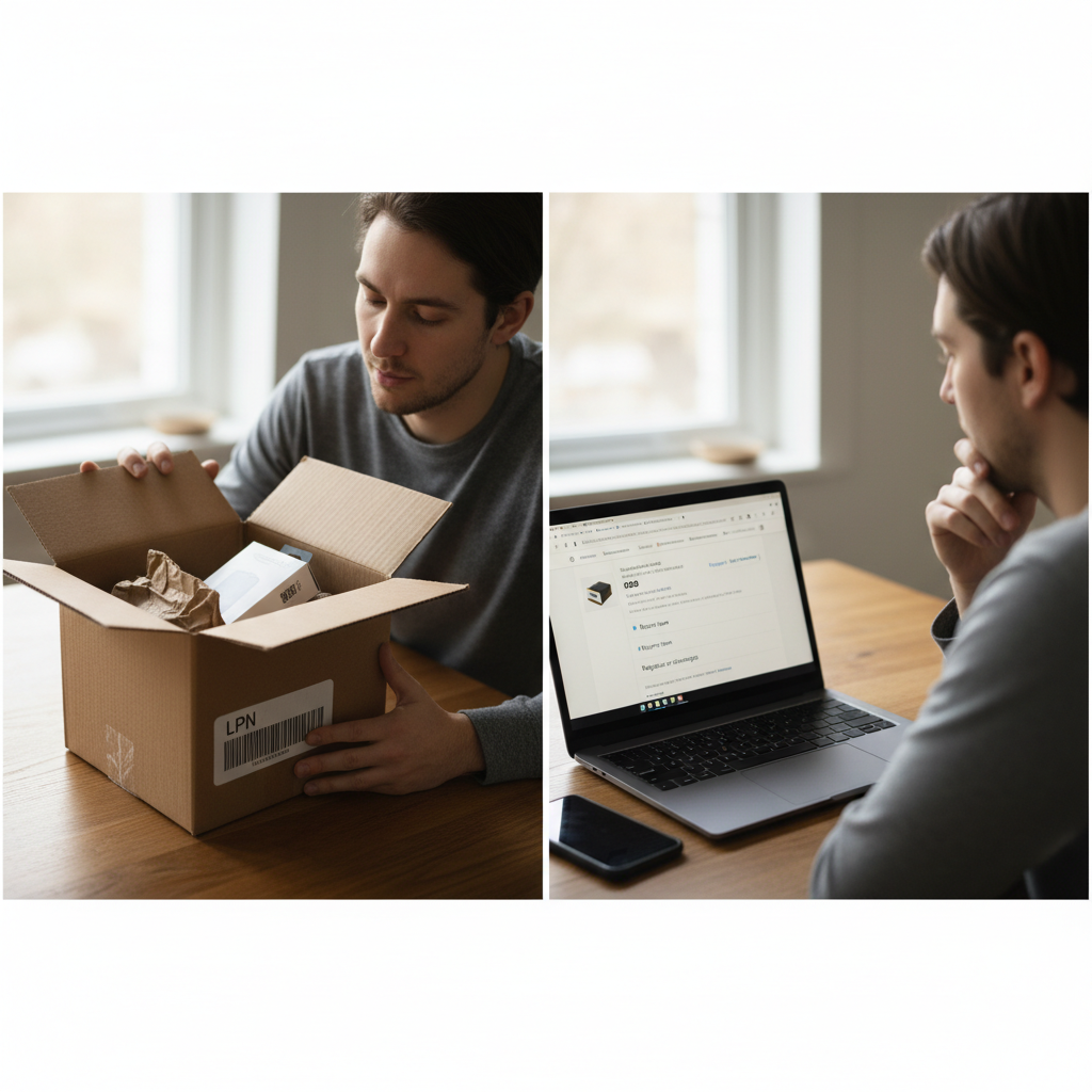 Stylized visualization of Amazon tracking one box with an LPN label through returns, inspection, inventory, and liquidation