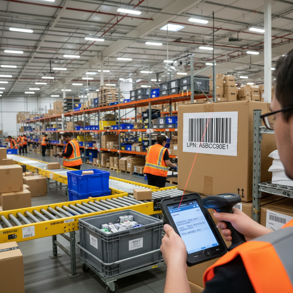 Amazon fulfillment associates scanning LPN barcodes on packages and totes in a warehouse