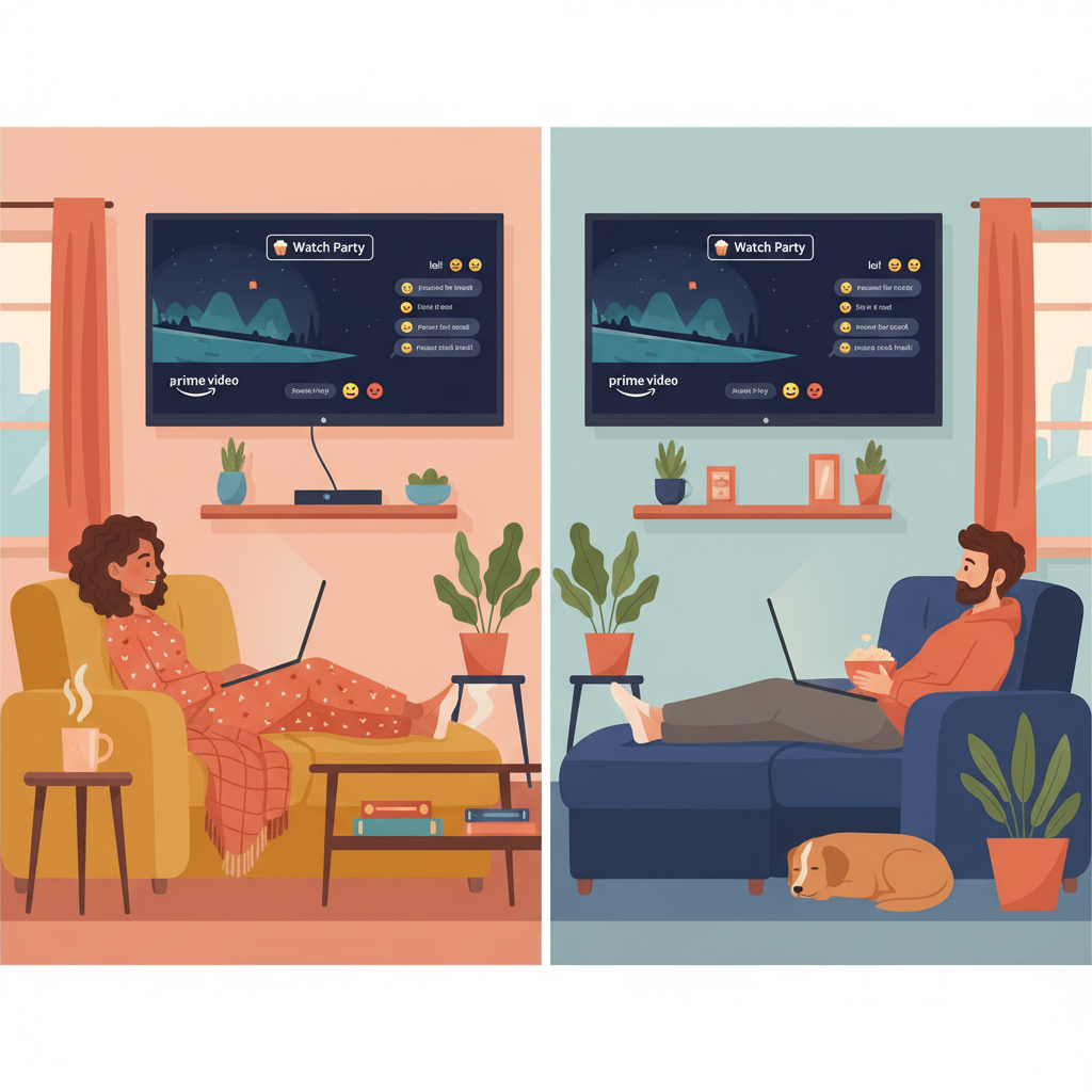 Friends in different homes watching an Amazon Prime Video Watch Party in sync with chat