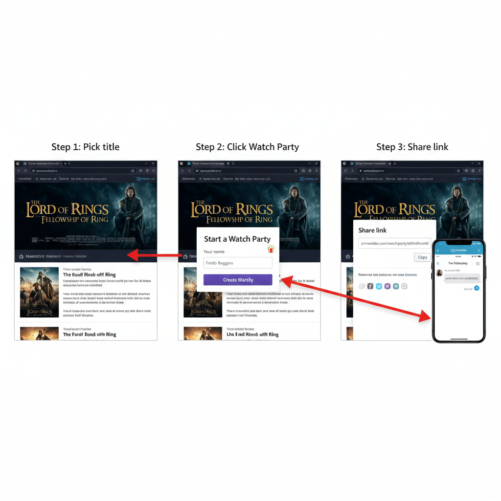 Step-by-step visual of creating an Amazon Prime Watch Party and sharing the invite link
