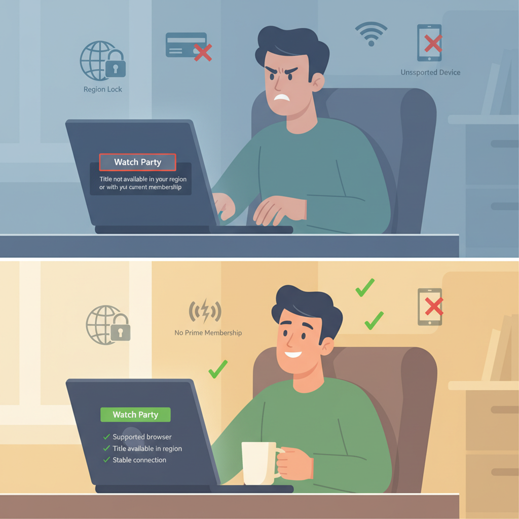 Side-by-side comparison of Amazon Watch Party and third-party watch apps